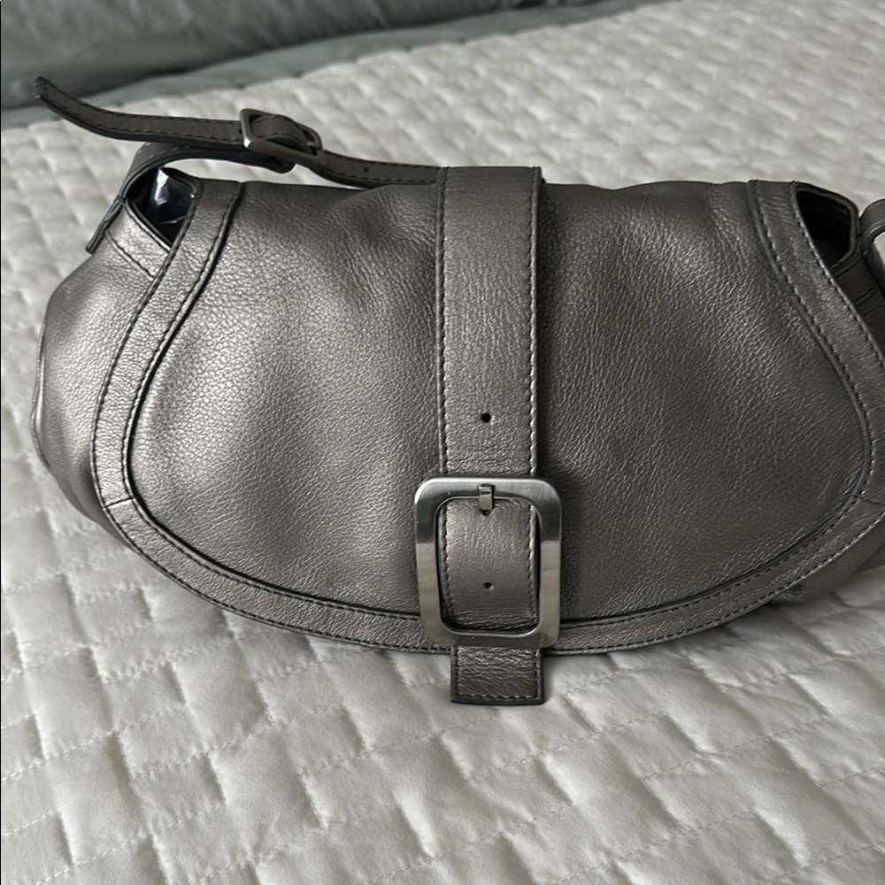 Cole Haan Silver Shoulder Bag with Buckle Closure and Soft Leather Texture